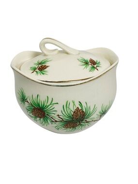 🦋 Cream Ceramic Sugar Bowl with Pinecone Design